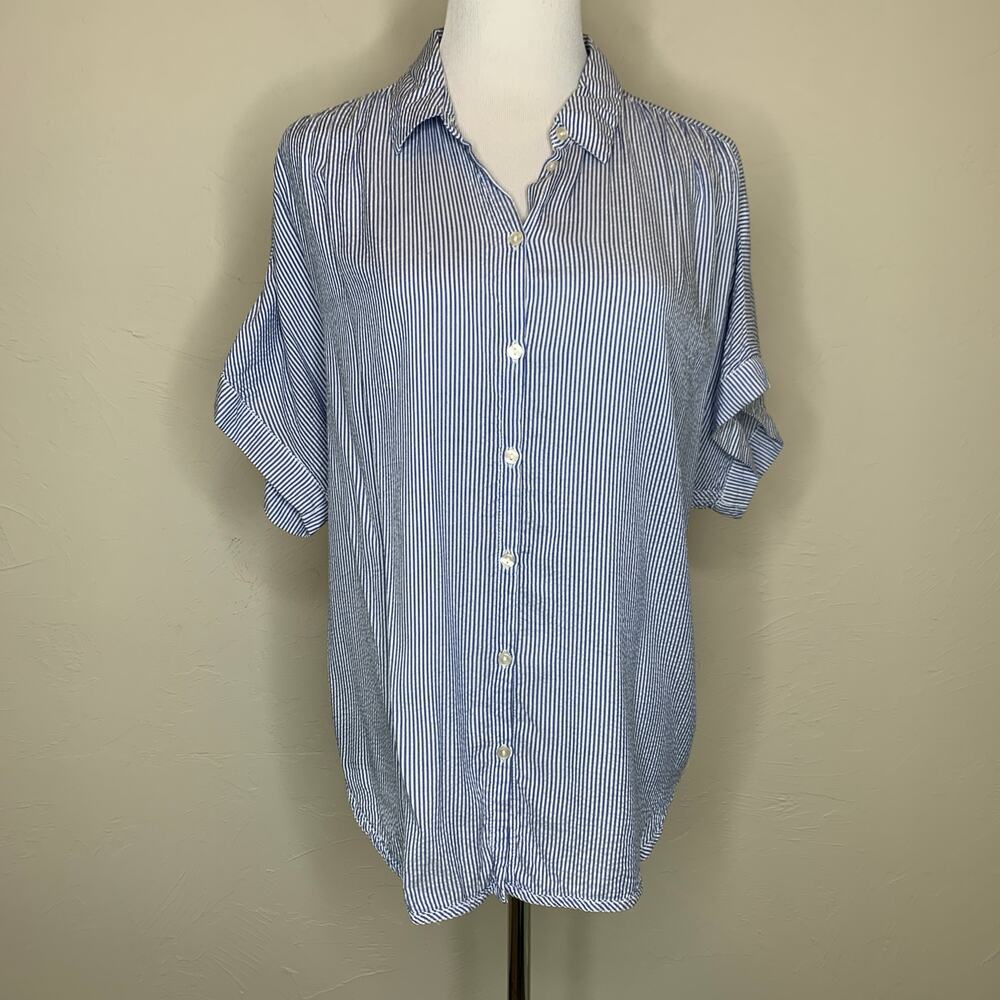 H&M Blue Vertical Pin Stripe Blouse Flowy Oversized Sz 4